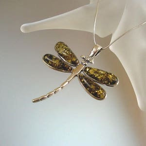 May include: A silver dragonfly pendant necklace. The dragonfly has amber-colored wings with gold flecks. The pendant is suspended from a delicate silver chain. The necklace is displayed against a soft, blurred background.