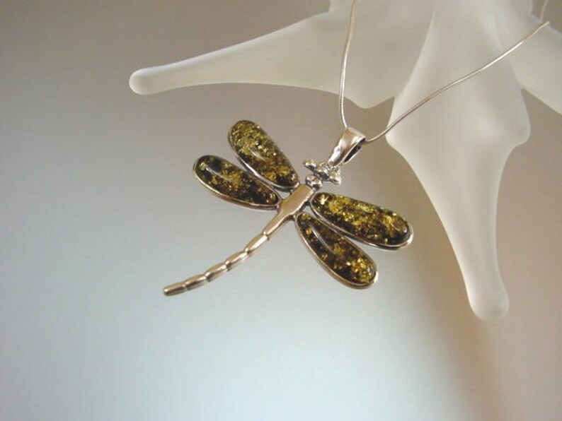 May include: A silver dragonfly pendant necklace. The dragonfly has amber-colored wings with gold flecks. The pendant is suspended from a delicate silver chain. The necklace is displayed against a soft, blurred background.