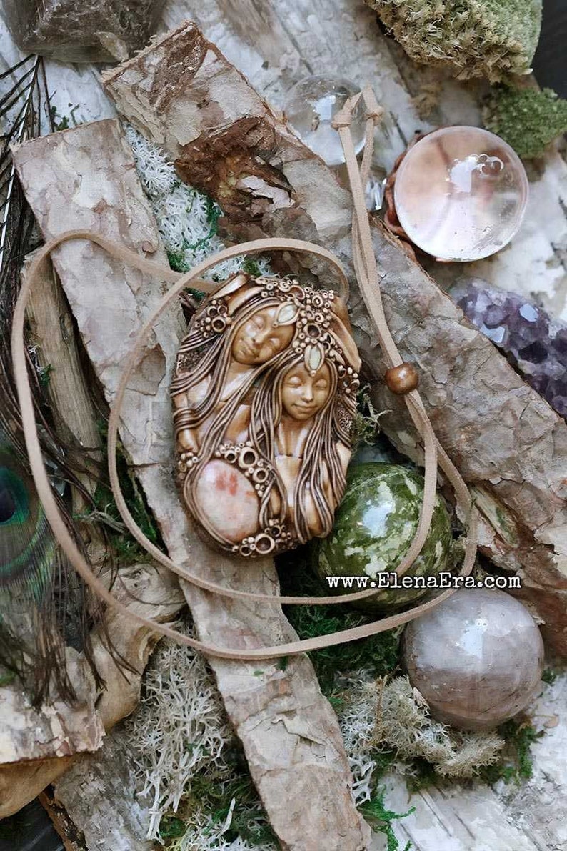 Clay Jewelry Talisman Necklace Boho Goddess Wild Woman Healing Woman Twin Goddesses Necklace Free Spirit Talisman Gypsy Goddess