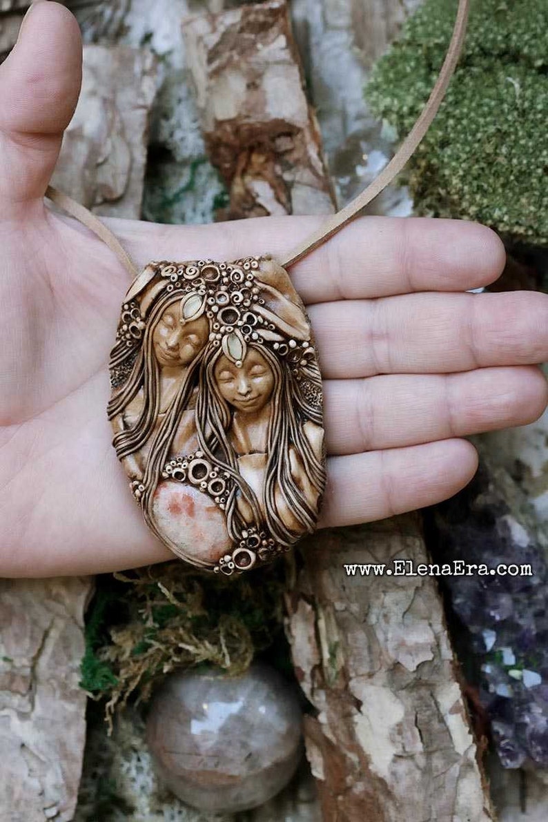 Clay Jewelry Talisman Necklace Boho Goddess Wild Woman Healing Woman Twin Goddesses Necklace Free Spirit Talisman Gypsy Goddess
