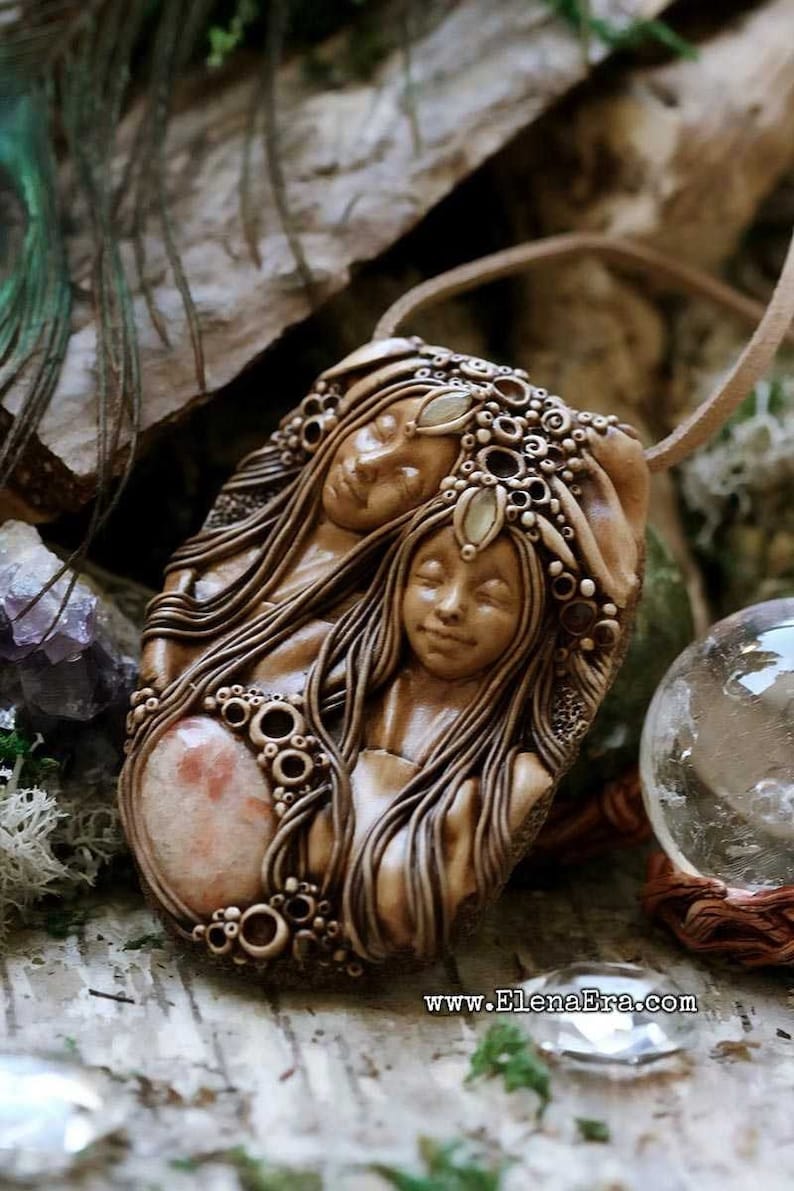 Clay Jewelry Talisman Necklace Boho Goddess Wild Woman Healing Woman Twin Goddesses Necklace Free Spirit Talisman Gypsy Goddess