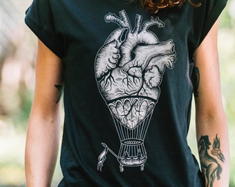 t-shirt cuore anatomico mongolfiera, T-shirt nera per donna, t-shirt stampata in serigrafia, steampunk, abbigliamento donna, maglietta donna