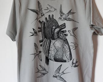 t-shirt da uomo, t-shirt Cuore anatomico, tshirt uccelli, abbigliamento uomo, anatomia umana, stampa vintage, maglietta uomo, maglia cuore