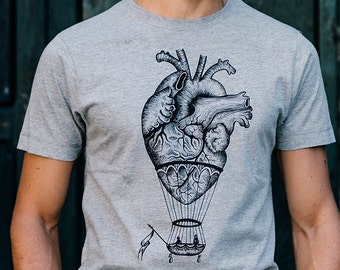 T-SHIRT da UOMO con cuore anatomico mongolfiera, tshirt con stampa, maglietta stampata, maglietta uomo , tshirt grigia , abbigliamento uomo