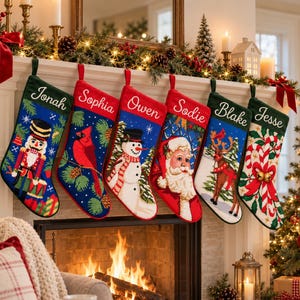 May include: Six personalized Christmas stockings hanging in a row, each featuring unique holiday designs including a nutcracker, cardinal, snowman, Santa Claus, reindeer, and candy canes, with names Jonah, Sophia, Owen, Sadie, Blake, and Jesse.