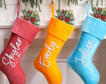 Personalized Velvet Christmas Stocking, Custom Knitted Name, Family Xmas Decor Holiday Knit Stockings