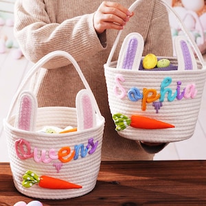 Personalisierter Osterkorb mit Kindernamen, Hase Karotte Seil Korb, Eiersuche Korb, Kinder Ostergeschenk, Osterhaseneimer für Mädchen Jungen