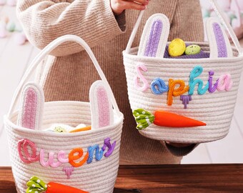 Personalized Easter Basket, Bunny Carrot Rope Basket, Egg Hunt Kids Bucket for Girl Boy
