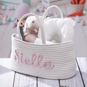 Benutzerdefinierte Windel Caddy, Baby Girl Geschenke, personalisierte Baby-Dusche-Baby-Geschenk-Namen Geschenkkorb Name Windel-Baby-Dusche-Geschenk, Mädchen-Hund Spielzeug-Korb