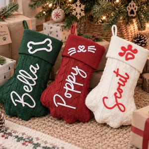 Personalized Christmas Stockings, Personalized Paw Shaped Cat Dog Pet Stocking, Knit Seasonal Home Decor