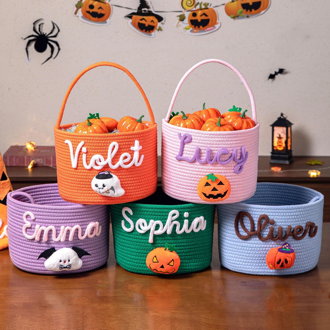 Personalized Halloween Basket, Custom Name Trick or Treat Bag Pumpkin ...