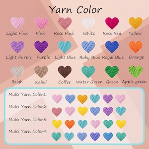 Op de afbeelding: Een kleurenkaart getiteld Yarn Color met rijen individuele hartvormige garenstalen in diverse effen kleuren met labels zoals Light Pink, White en Coffee, plus vier rijen met meerkleurige garen hartpatronen.