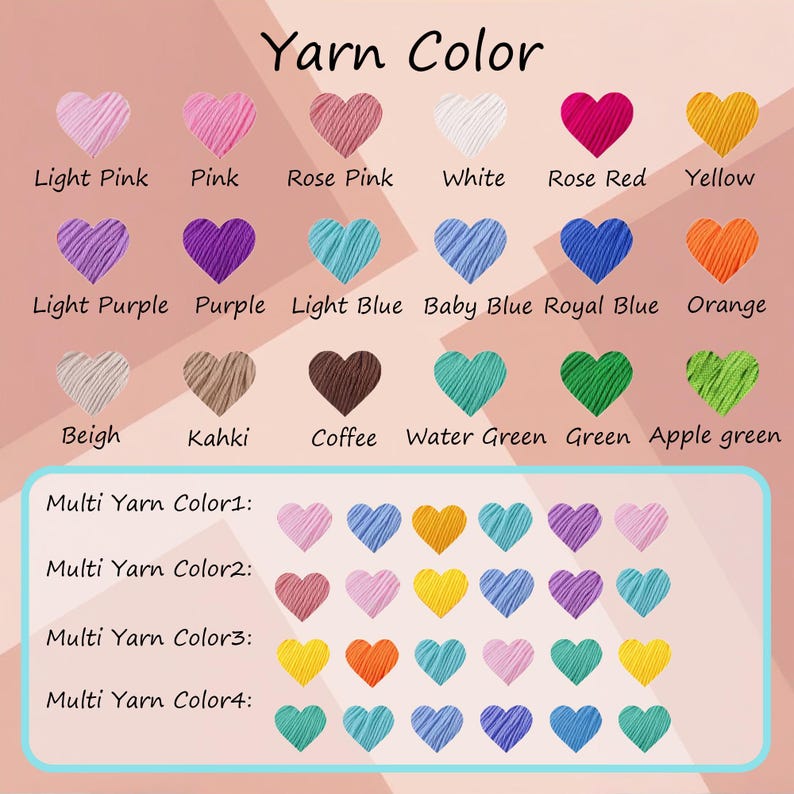 Op de afbeelding: Een kleurenkaart getiteld Yarn Color met rijen individuele hartvormige garenstalen in diverse effen kleuren met labels zoals Light Pink, White en Coffee, plus vier rijen met meerkleurige garen hartpatronen.