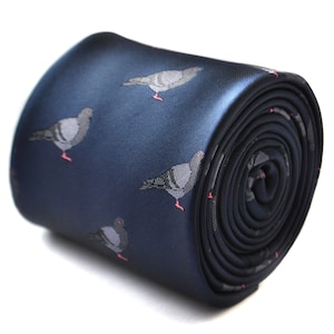 navy tie with grey pigeon rock dove embroidered design by Frederick Thomas