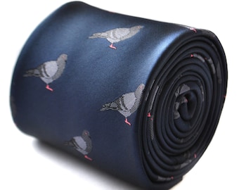 navy tie with grey pigeon embroidered design with signature floral design to the rear by Frederick Thomas FT1830