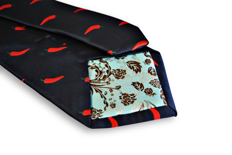 navy blue tie with chilli design with signature floral design to the rear by Frederick Thomas FT3243 image 4