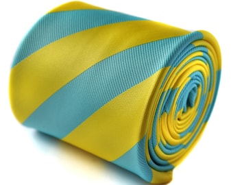 geel en turquoise gestreepte kappersstropdas met kenmerkend bloemdessin aan de achterkant van Frederick Thomas FT1433