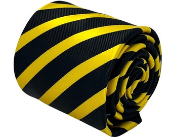 Cravate noire et jaune à rayures club avec motif floral emblématique à l'arrière par Frederick Thomas