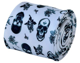 White Skull Tie for Men, Skull and Rose Necktie, Gothic Tie, Alternative Wedding Tie, Halloween Gift for Him, 8cm Mens Tie, Frederick Thomas