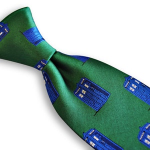 green tie with blue policeman tardis box embroidered design with signature floral design to the rear by Frederick Thomas FT3227 image 2