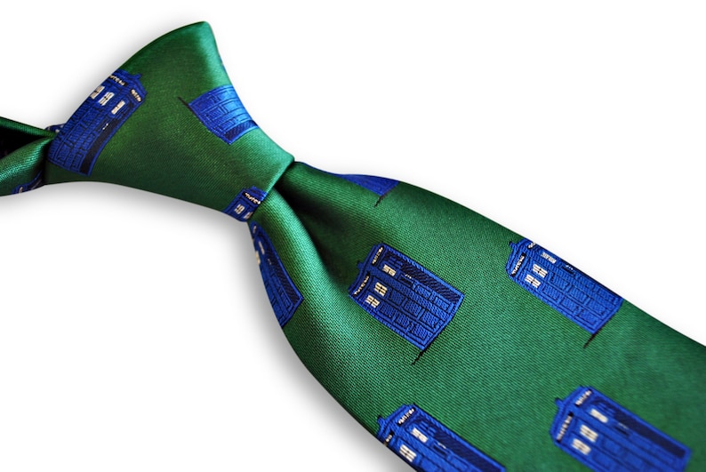 green tie with blue policeman tardis box embroidered design with signature floral design to the rear by Frederick Thomas FT3227 image 2