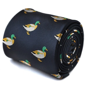 navy tie with mallard duck embroidered design with signature floral design to the rear by Frederick Thomas FT1533