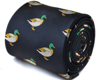 navy tie with mallard duck embroidered design with signature floral design to the rear by Frederick Thomas FT1533