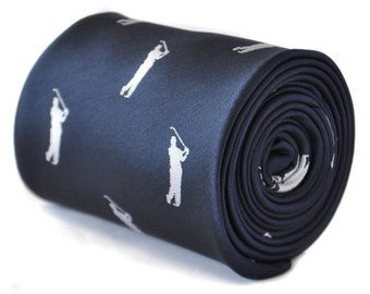 May include: A navy blue silk tie with a white golfer silhouette pattern.
