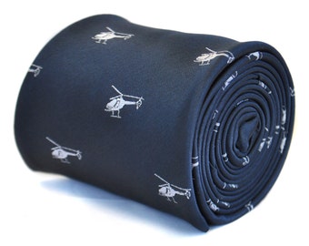 May include: A dark blue necktie with a white helicopter pattern. The tie is rolled up and ready to be worn.