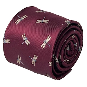 burgundy maroon tie with dragonfly insect embroidered design by Frederick Thomas