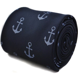 Navy tie with anchor design with signature floral design to the rear by Frederick Thomas FT1791