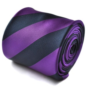 purple and navy blue barber striped tie with signature floral design to the rear by Frederick Thomas FT1428