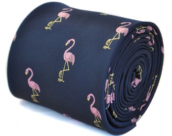 navy tie with flamingo embroidered design  by Frederick Thomas FT1706