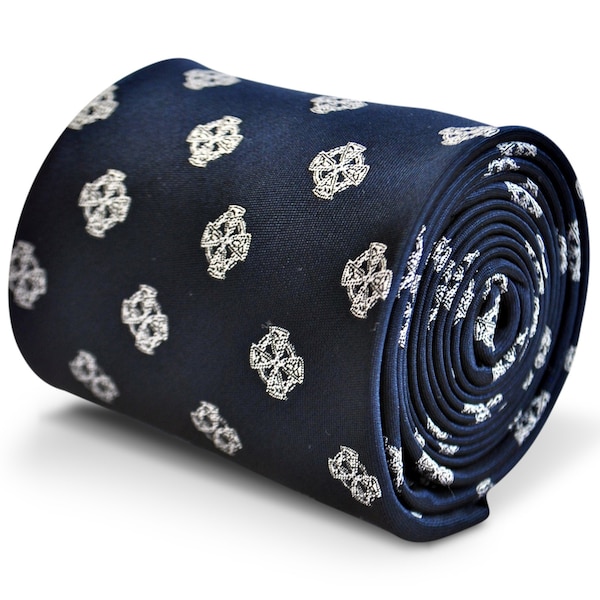 navy tie with celtic cross embroidered design with signature floral design to the rear by Frederick Thomas FT3241