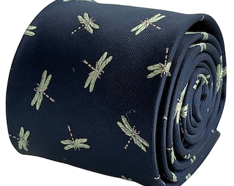 Corbata para hombre con diseño de insectos y libélula azul marino oscuro de Frederick Thomas