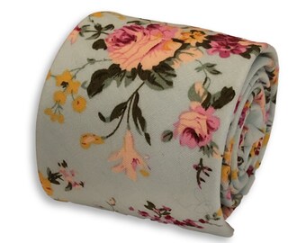 Licht babyblauwe katoenen chintz-roze katoenen herenstropdas Frederick Thomas met bloemen