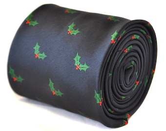 navy blue tie with Christmas holly embroidered design with signature floral design to the rear by Frederick Thomas FT2097