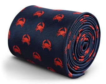 navy tie with crab embroidered design with signature floral design to the rear by Frederick Thomas FT3251