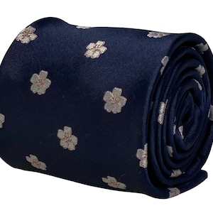 navy mens tie with japanese cherry blossom design national symbol by Frederick Thomas