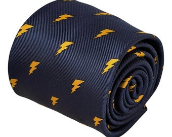 Lightning Bolt Tie Navy Blue Men's Electric Thunder Storm Tie Electrician Gift Engineer Novelty 8cm Necktie Frederick Thomas London