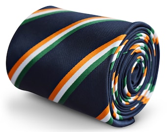 navy tie with India Indian flag orange, green and white stripe with signature floral design to the rear by Frederick Thomas