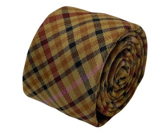 Frederick Thomas Designer Tweed Wool Mens Tie Plaid Tartan Check Brown 