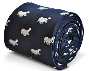 navy blue tie with hippo embroidered design with signature floral design to the rear by Frederick Thomas FT3232