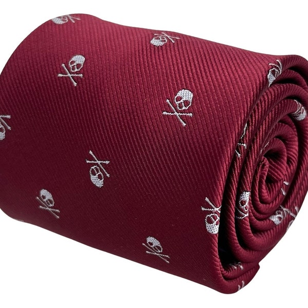 maroon skull and crossbone design tie & matching pocket square set handkerchief by Frederick Thomas