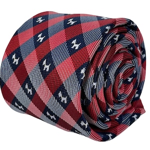 red and dark navy blue plaid gingham style mens tie with scottie dog Scottish Terrier