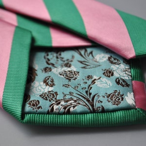 Green and pink barber striped tie with floral design to the rear by Frederick Thomas FT1714 image 4