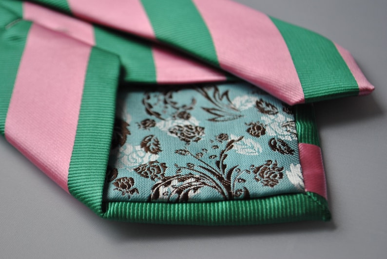 Green and pink barber striped tie with floral design to the rear by Frederick Thomas FT1714 image 4