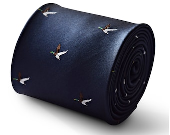 navy blue mens tie with navy flying hunting duck design by Frederick Thomas FT3335