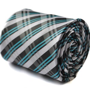 Turquoise green, black and white checkered plaid tie with floral design by Frederick Thomas FT1716