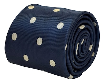 navy dark blue tie with ivory cream polka spots classic 8cm width by Frederick Thomas